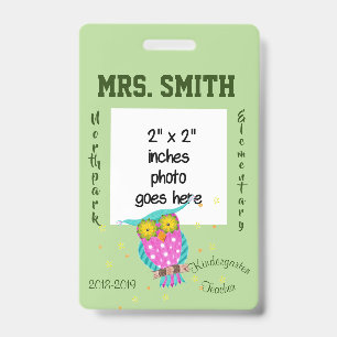 Owl with flowery eyes teacher ID badge