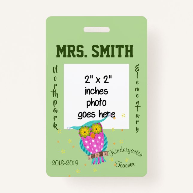 Owl with flowery eyes teacher ID badge (Front)