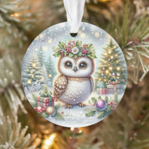 Owl with Holly Wreath & Snowy Trees Ornament