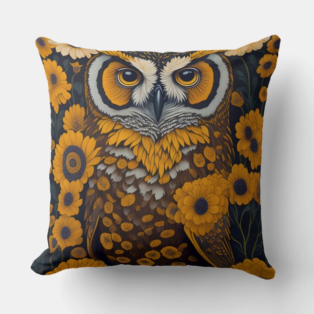 Owl with large eyes in front of flowers #2 cushion (Front)