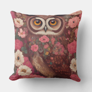 Owl with large eyes in front of flowers #3 cushion