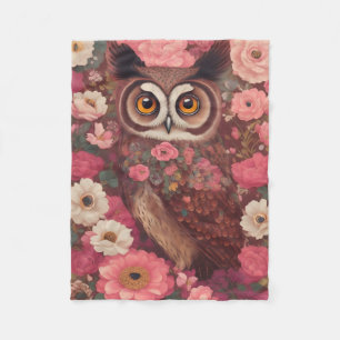 Owl with large eyes in front of flowers #3 fleece blanket