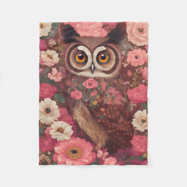 Owl with large eyes in front of flowers #3 fleece blanket (Front)