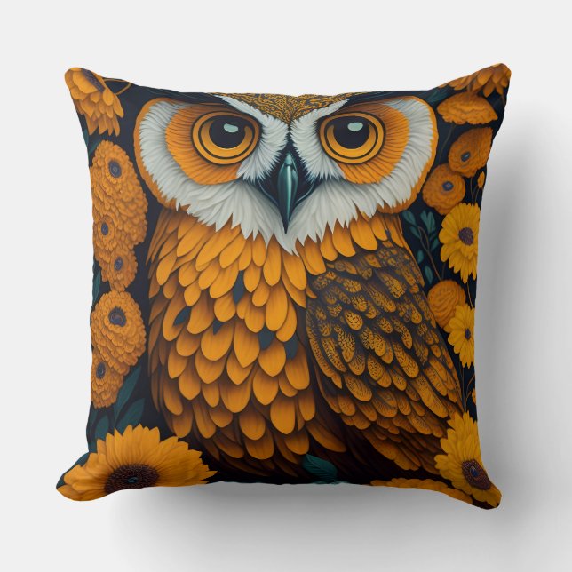 Owl with large eyes in front of flowers cushion (Front)