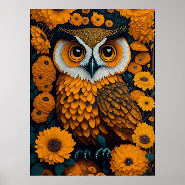 Owl with large eyes in front of flowers poster (Front)