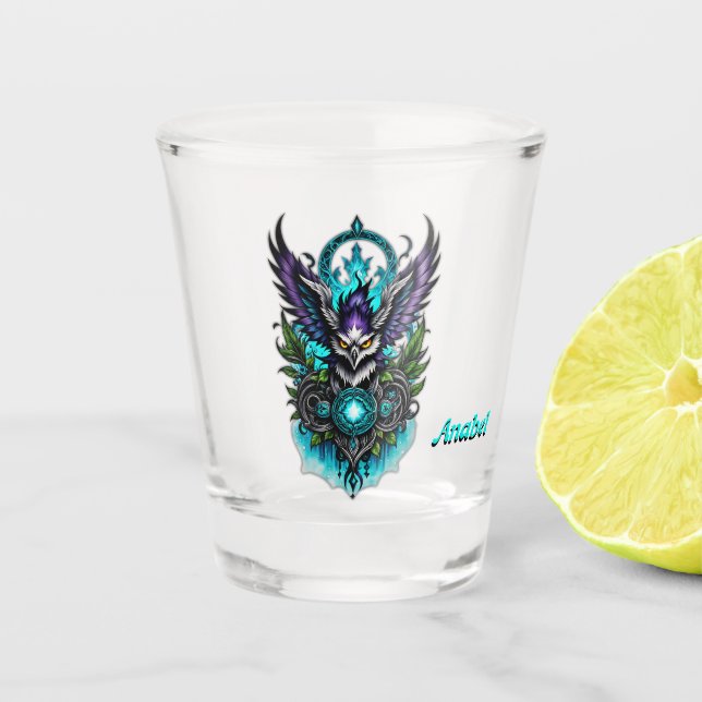 Owl with magical elements.  shot glass (Front)