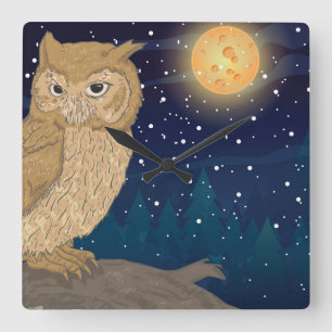 Owl with Moon Square Wall Clock