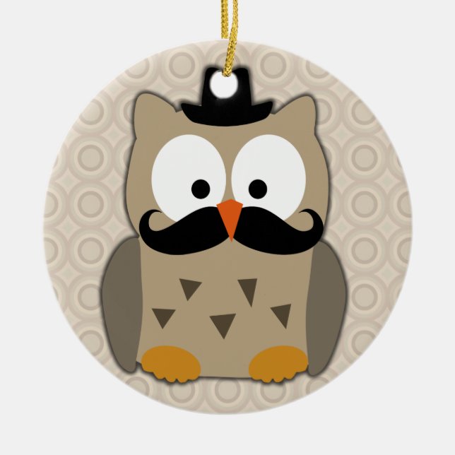 Owl with Moustache and Hat Ceramic Tree Decoration (Front)