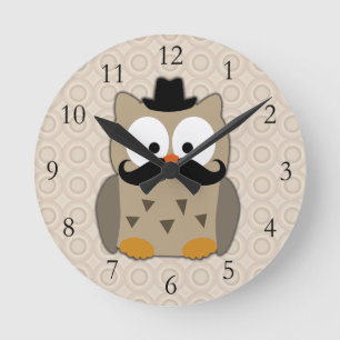 Owl with Mustache and Hat Round Clock