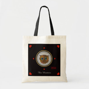 owl with name & initial personalised tote bag