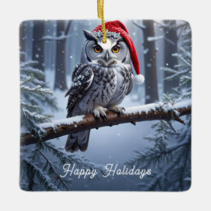 Owl with Santa Hat Ceramic Ornament
