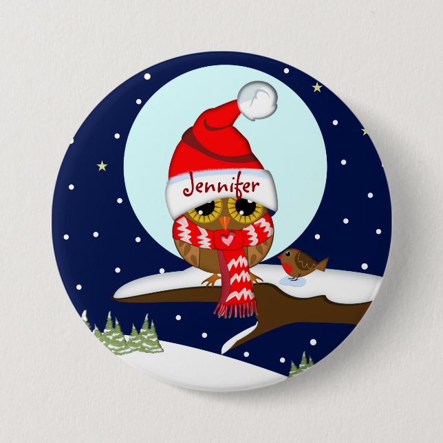 Owl with Santa hat & custom name button (Front)