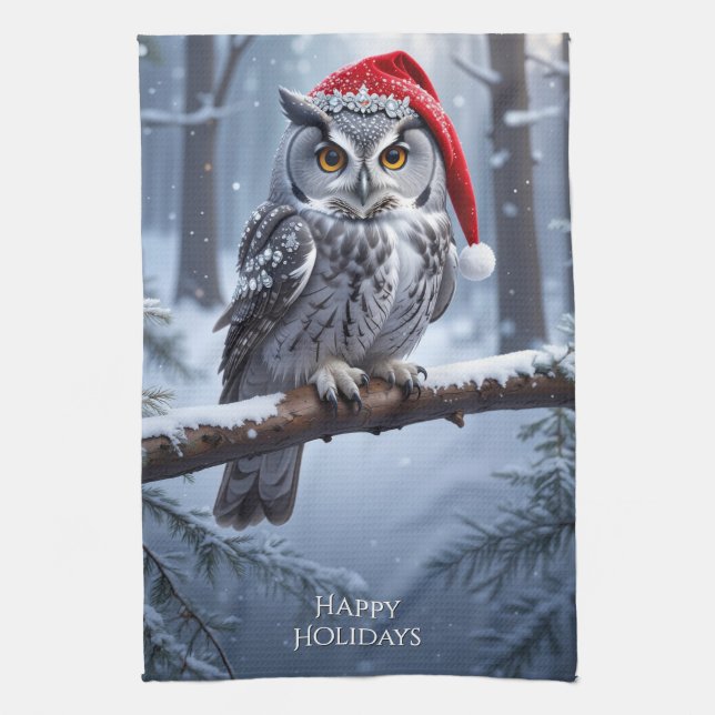 Owl with Santa Hat Kitchen Tea Towel (Vertical)