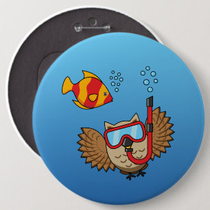 Owl with Snorkel Mask and Tropical Fish 6 Cm Round Badge
