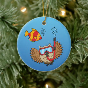 Owl with Snorkel Mask and Tropical Fish Ceramic Tree Decoration