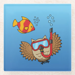 Owl with Snorkel Mask and Tropical Fish Glass Coaster
