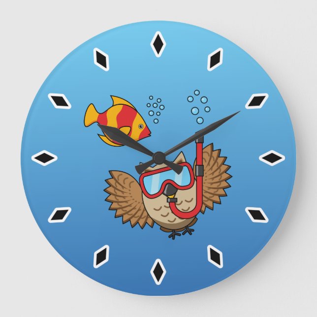 Owl with Snorkel Mask and Tropical Fish Large Clock (Front)