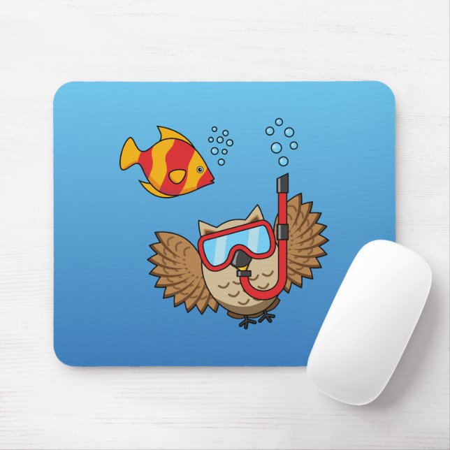 Owl with Snorkel Mask and Tropical Fish Mouse Pad (With Mouse)
