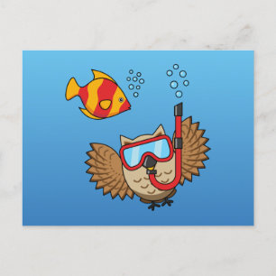 Owl with Snorkel Mask and Tropical Fish Postcard