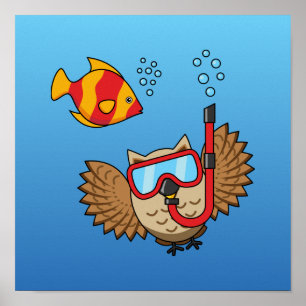Owl with Snorkel Mask and Tropical Fish Poster