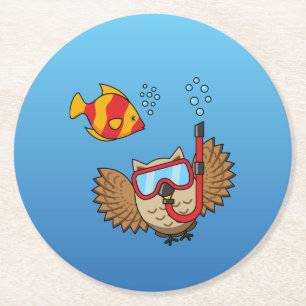 Owl with Snorkel Mask and Tropical Fish Round Paper Coaster