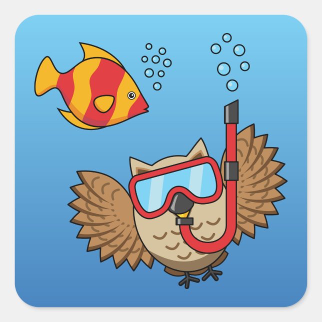 Owl with Snorkel Mask and Tropical Fish Square Sticker (Front)
