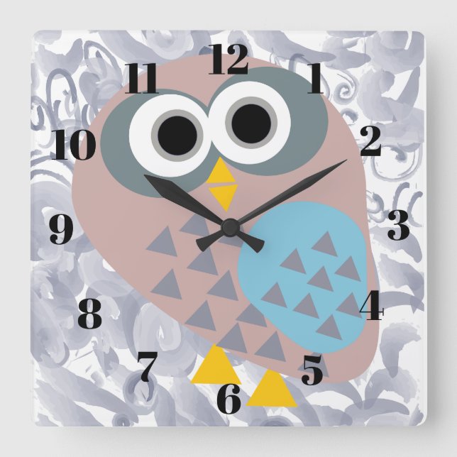 Owl with watercolor grey square wall clock (Front)