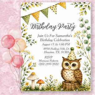 Owl Woodland Animals Birthday Party Invitation