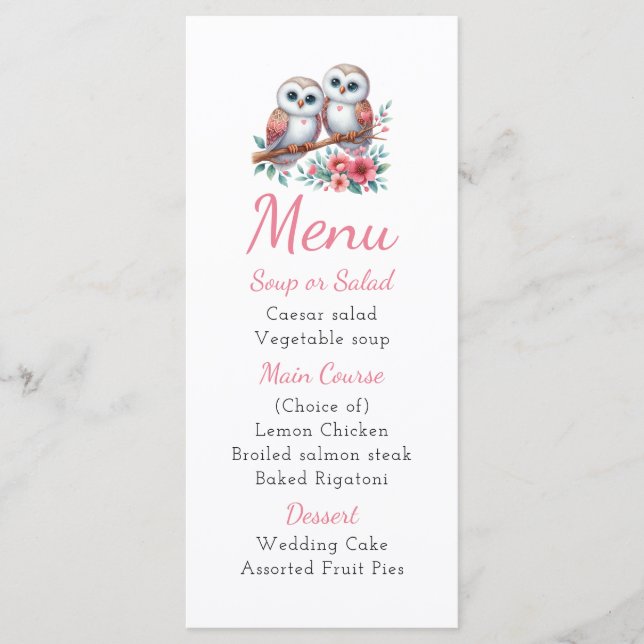 Owl Woodland Boho Rustic Country Wedding Menu (Front)