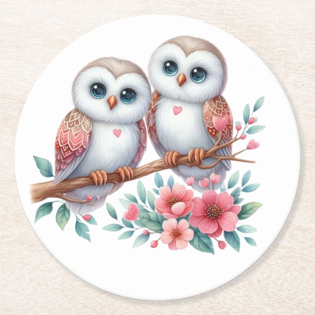 Owl Woodland Boho Rustic Country Wedding Round Paper Coaster (Front)