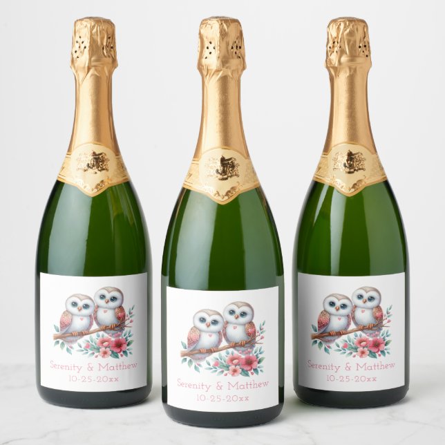 Owl Woodland Boho Rustic Country Wedding Sparkling Wine Label (Bottles)