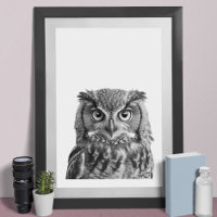 Owl Woodland Modern Portrait black white 