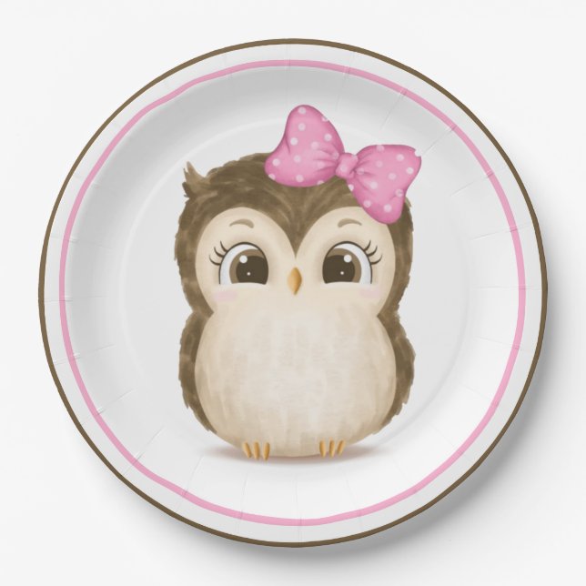 Owl Woodland Watercolor Pink Paper Plate (Front)