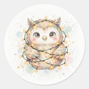 Owl Wrapped in Christmas Lights Classic Round Sticker