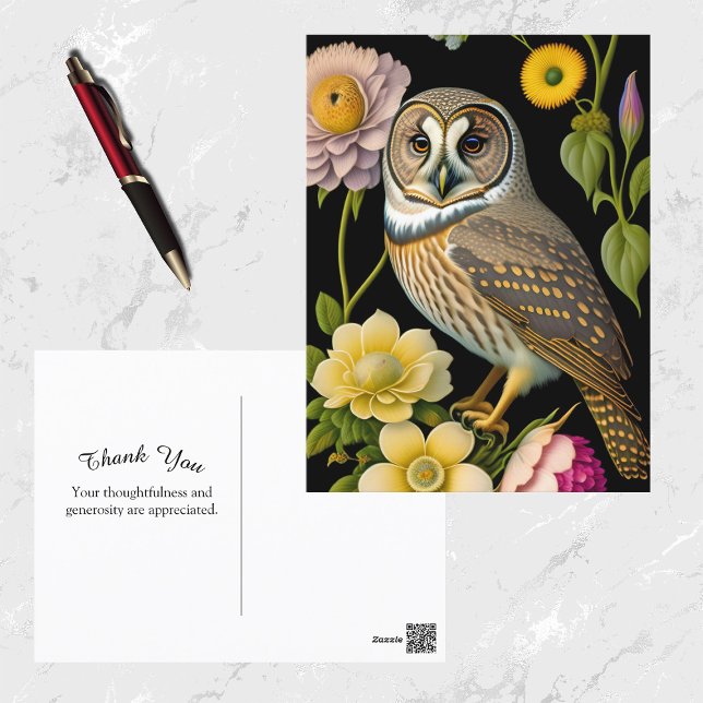Owl Yellow Floral Artwork Thank You Postcard (Creator Uploaded)