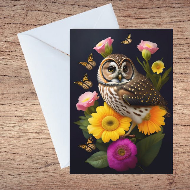 Owl Yellow Pink Floral Butterfly Illustration Thank You Card (Creator Uploaded)