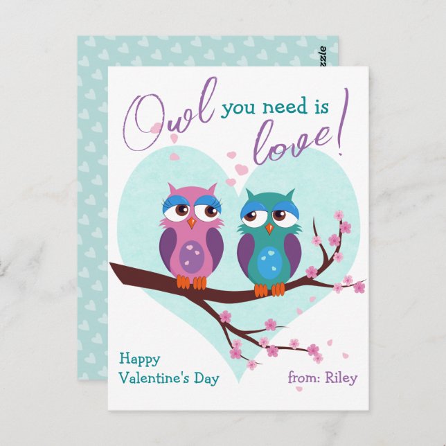 Owl you need is love Cute Classroom Valentines Day Postcard (Front/Back)