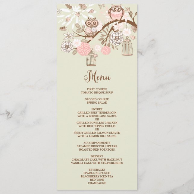 Owl You Need Is Love Pink Owls Menu Card (Front)