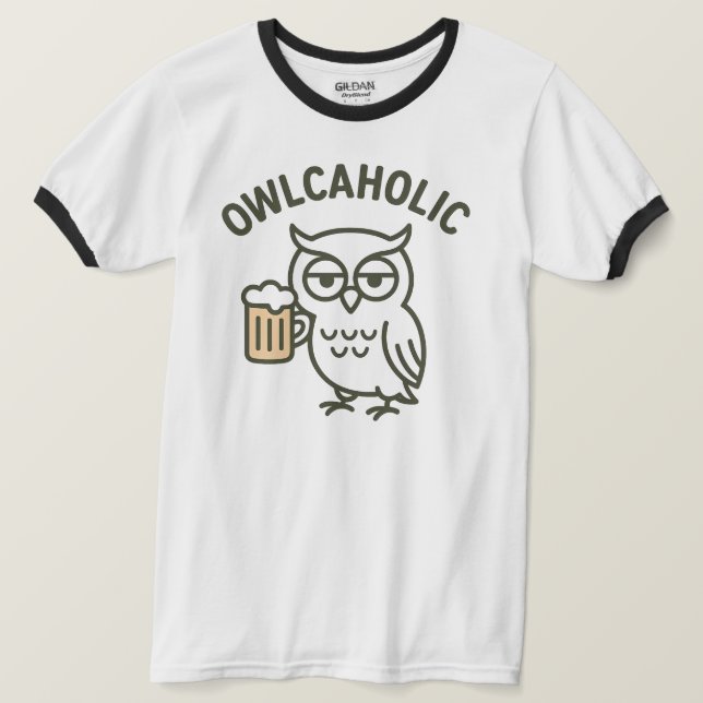 Owlcaholic Owl Beer Lover Ringer T-Shirt (Design Front)