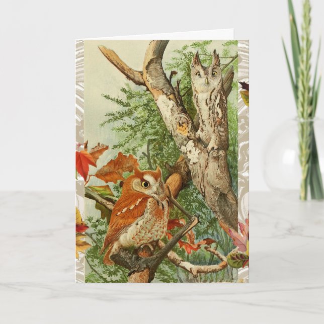 OWLS AMONG FALL LEAVES IN WOODLAND HOLIDAY CARD (Front)