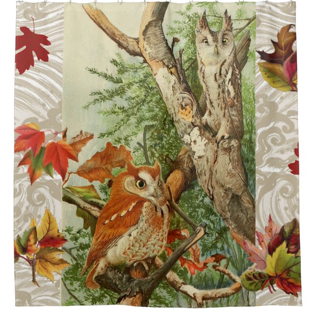 OWLS AMONG FALL LEAVES IN WOODLAND SHOWER CURTAIN (Front)