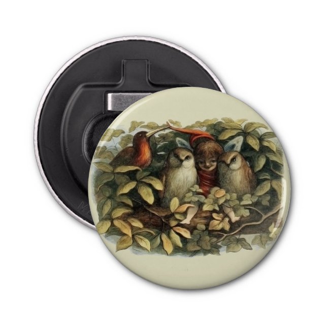 Owls and Elf Fairies Nature Illustration Bottle Opener (Front)