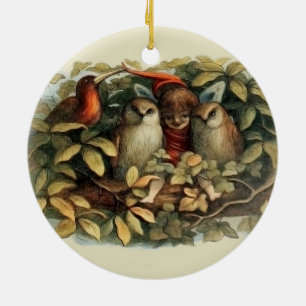 Owls and Elf Fairies Nature Illustration Ceramic Tree Decoration