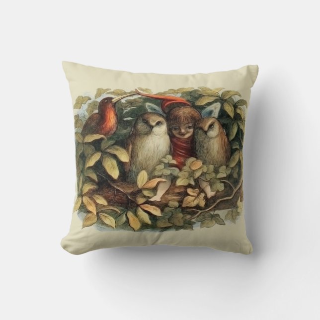 Owls and Elf Fairies Nature Illustration Cushion (Front)