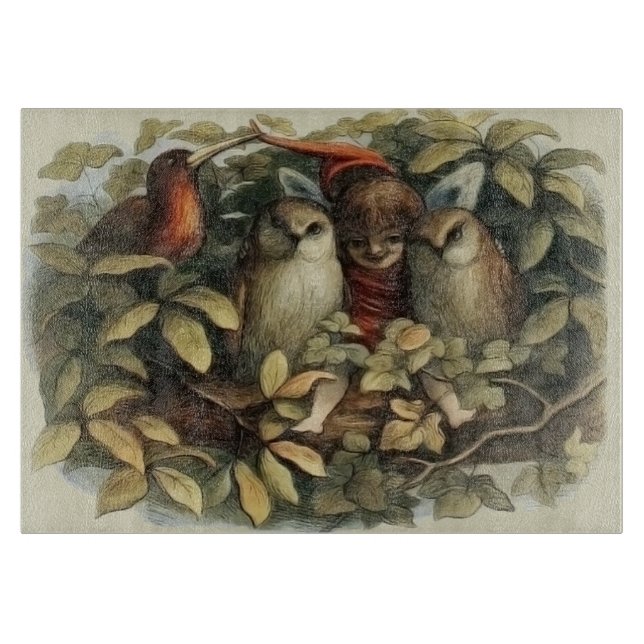 Owls and Elf Fairies Nature Illustration Cutting Board (Front)