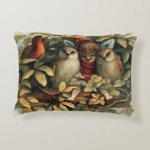 Owls and Elf Fairies Nature Illustration Decorative Cushion