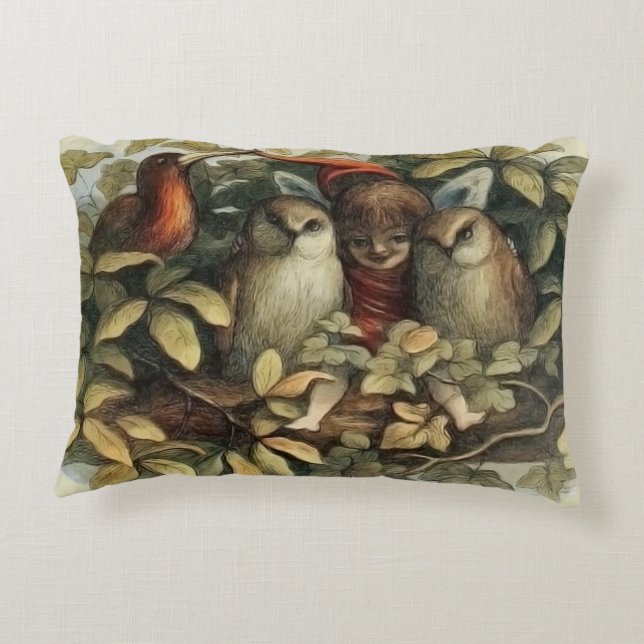 Owls and Elf Fairies Nature Illustration Decorative Cushion (Back)