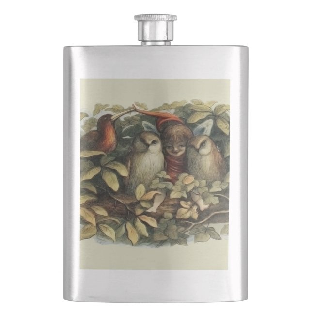 Owls and Elf Fairies Nature Illustration Hip Flask (Front)