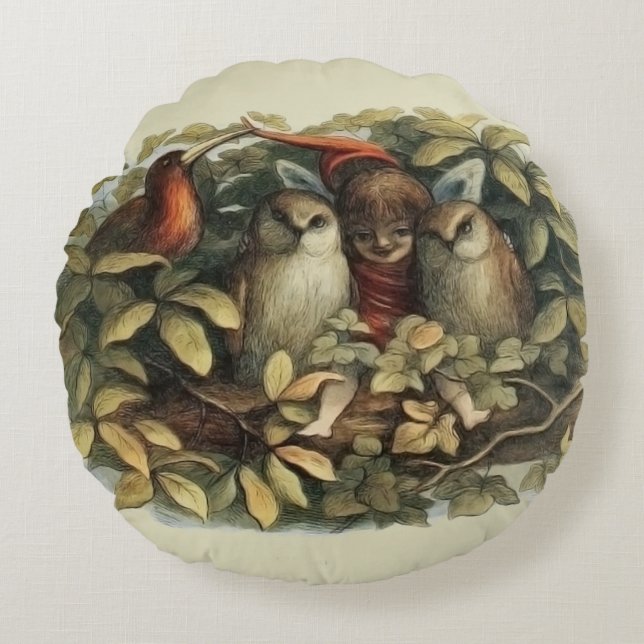 Owls and Elf Fairies Nature Illustration Round Cushion (Front)