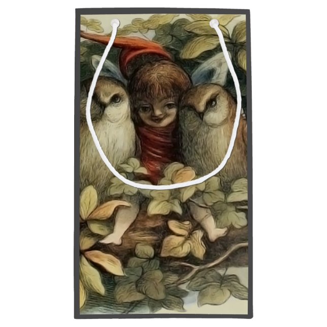 Owls and Elf Fairies Nature Illustration Small Gift Bag (Back)